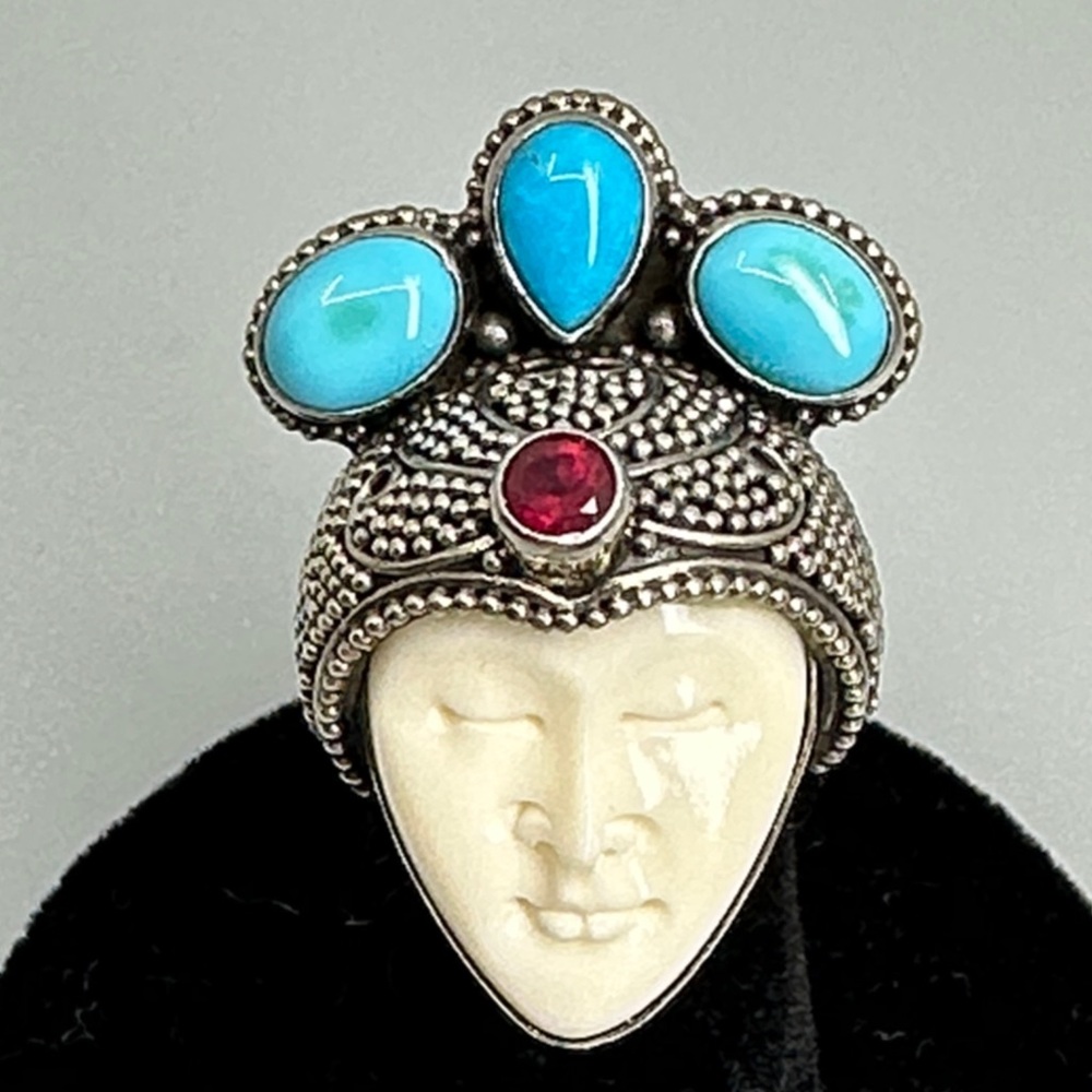 Artisan 925 sterling Silver Ring with Turquoise and Ruby real - Picture 4 of 9